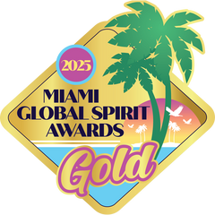 Logo for the Miami Global Spirit Awards 2025 with palm trees and a gold border.