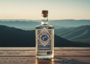 Bottle of T3 Vodka on a wooden surface with a mountainous landscape in the background