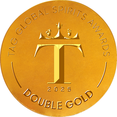 Gold medal with 'TAG Global Spirits Awards 2025 Double Gold' text and logo.